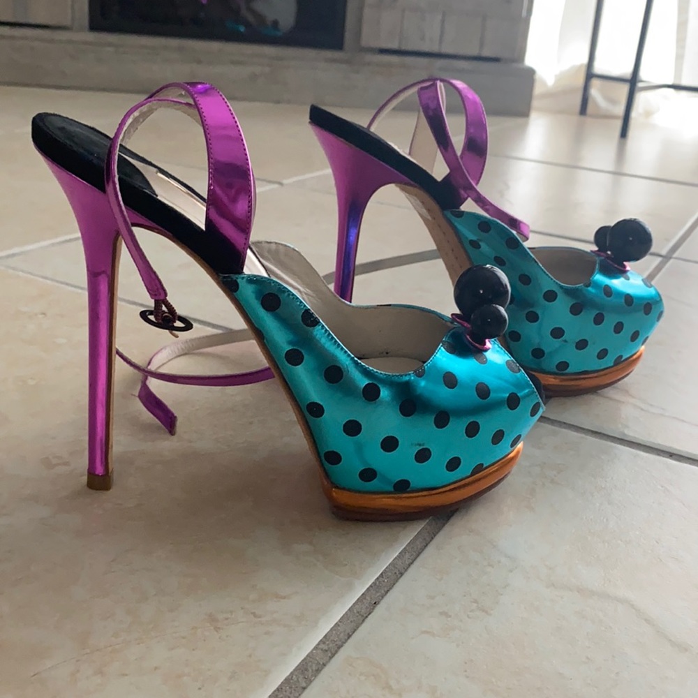 Sophia Webster polka dot metallic peep toe heels